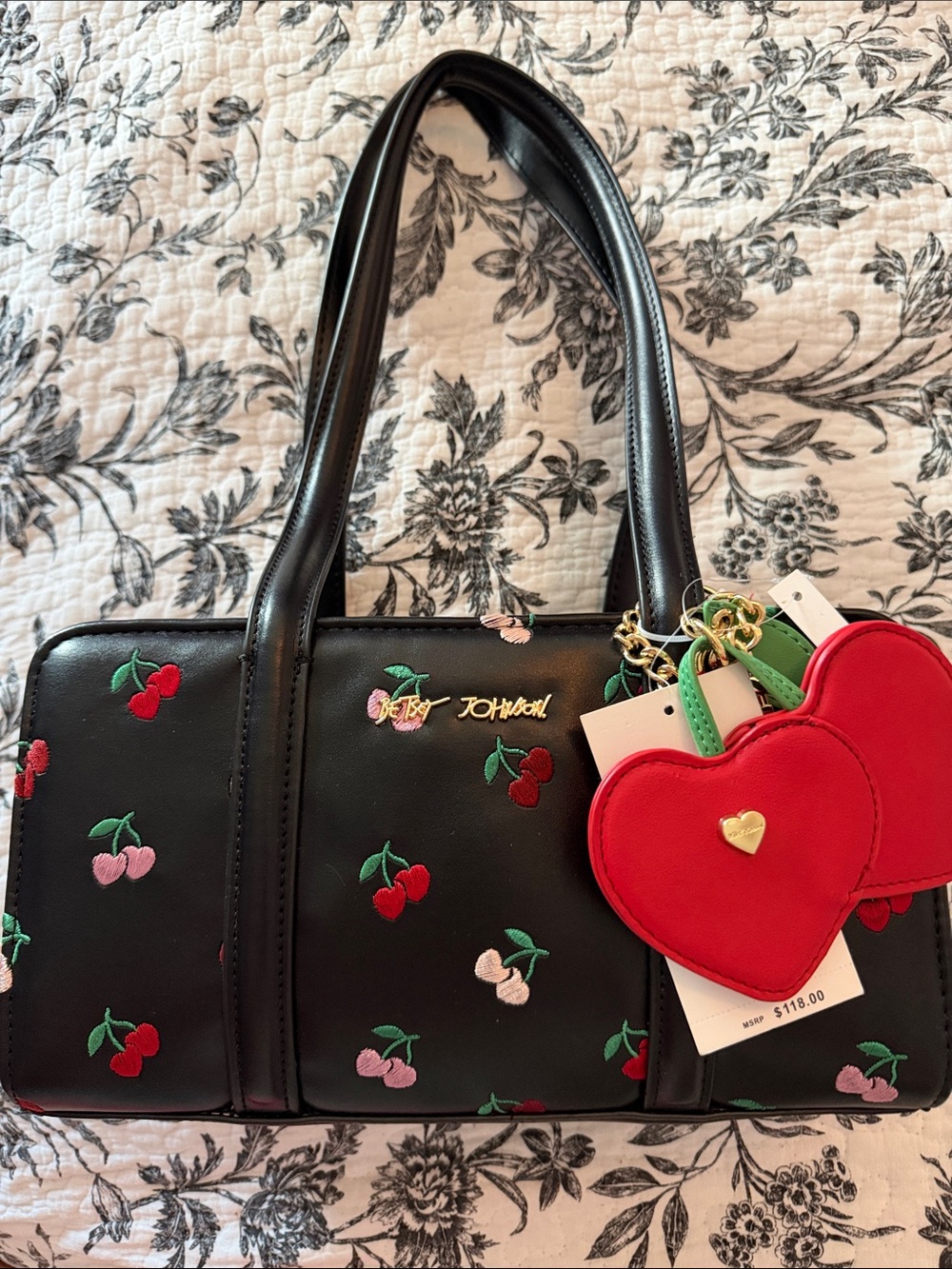 Betsey Johnson Black Cherry Embroidered Shoulder Bag with Red Heart Charms